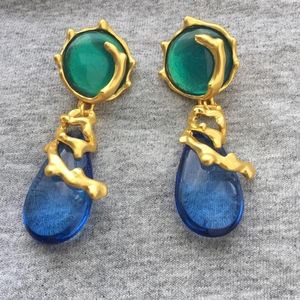 New cabochon green blue brutalist pierce dangle long Earrings gold tone